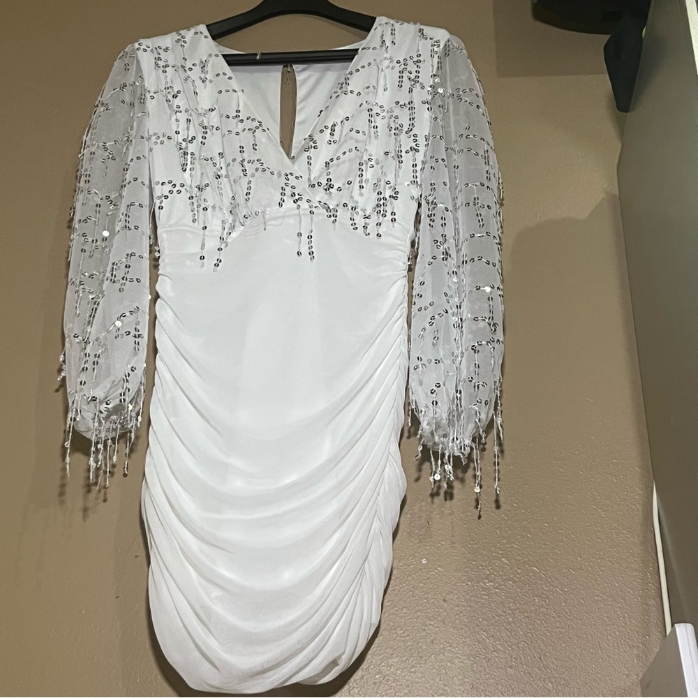 Gorgeous Neck Sequin Decor Ruched Mesh Sleeve Bodycon Dress, price negotiable.